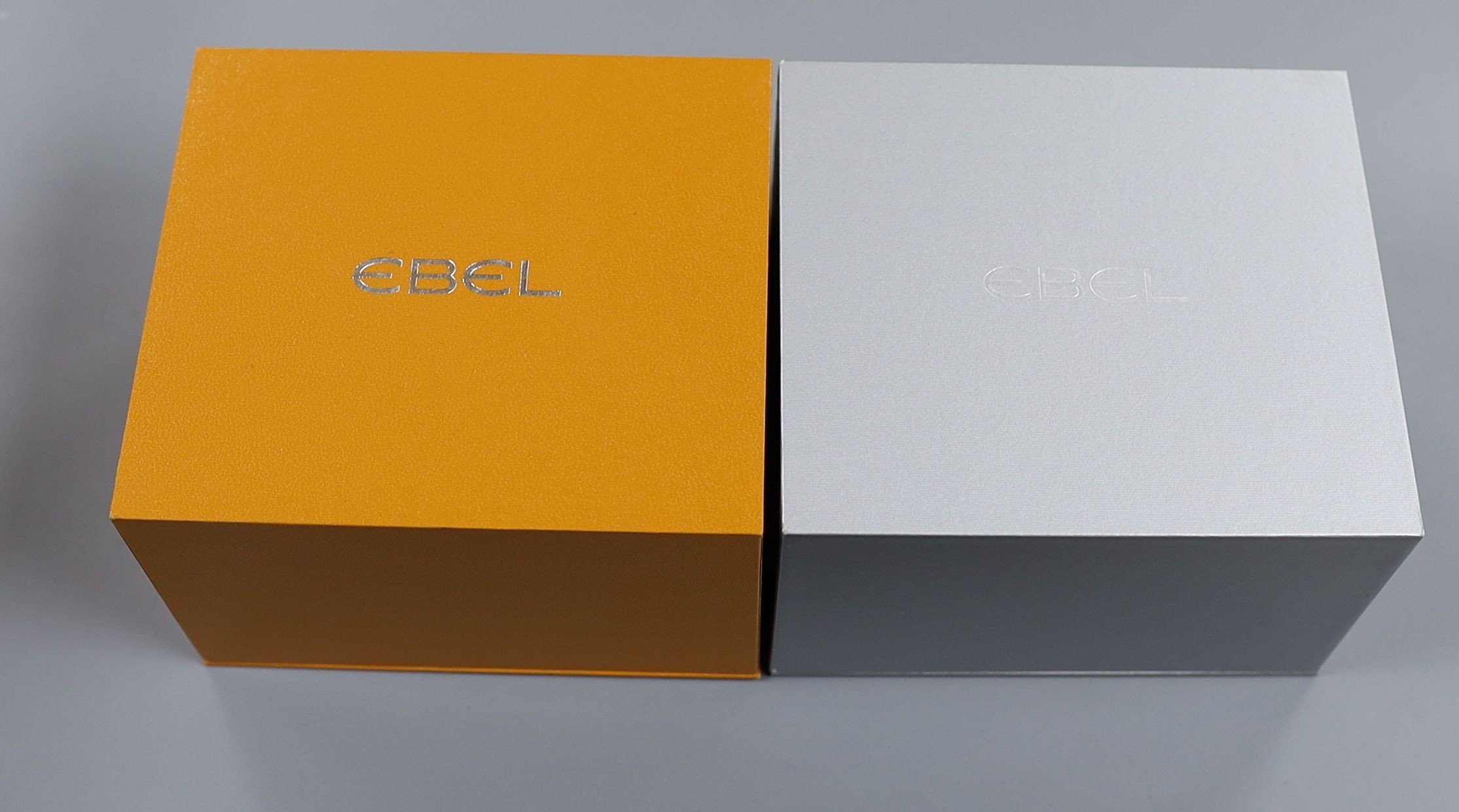 Two modern steel Ebel quartz wrist watches, Tarawa with leather strap and Brasilia with two tone bracelet, both with boxes.